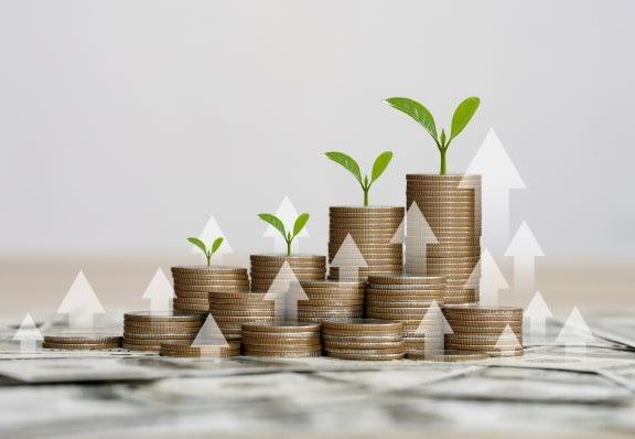 Plants sprouting up from stacks of coins