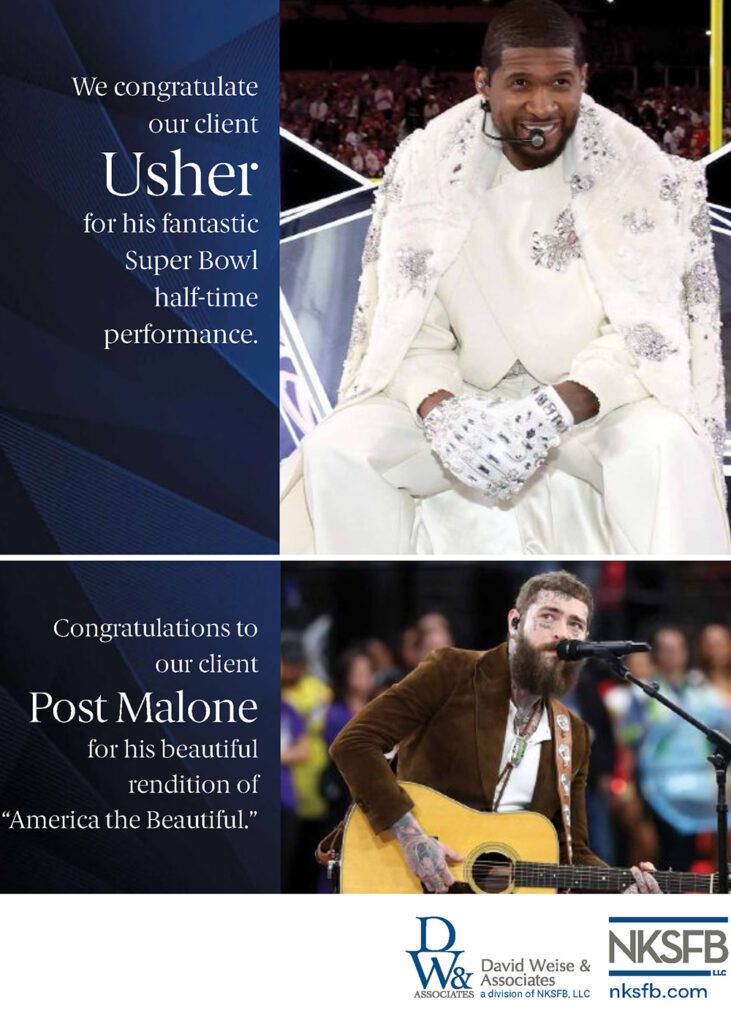 NKSFB clients Usher and Post Malone recently performed at the Super Bowl.