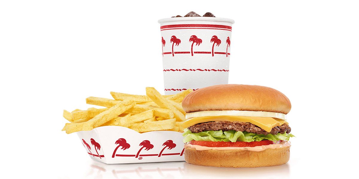 in and out burger, fries, drink